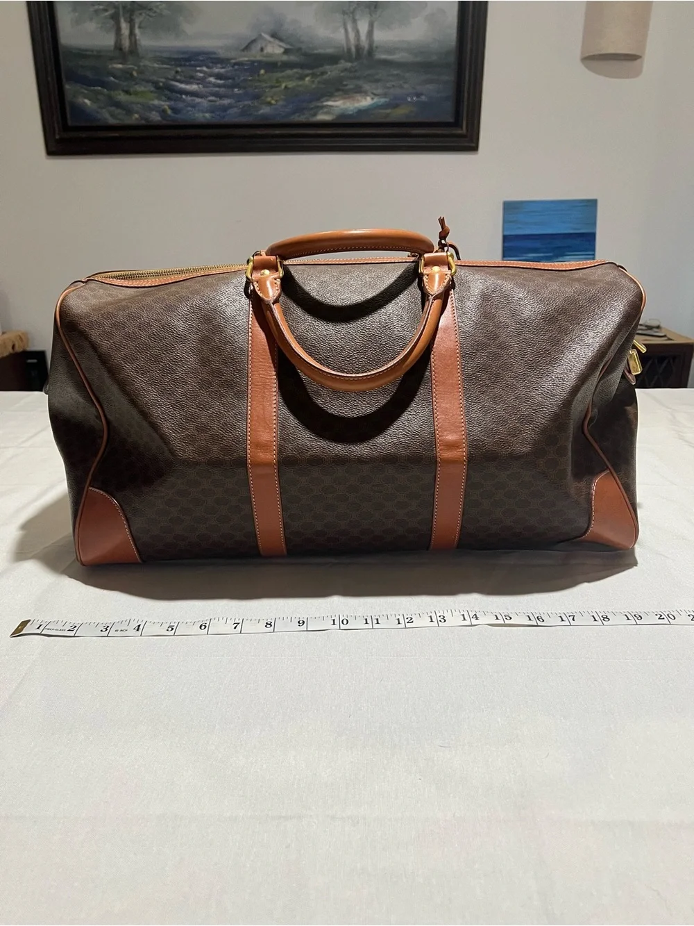 Classic Celine Brown Leather-Trim Travel Duffel Bag